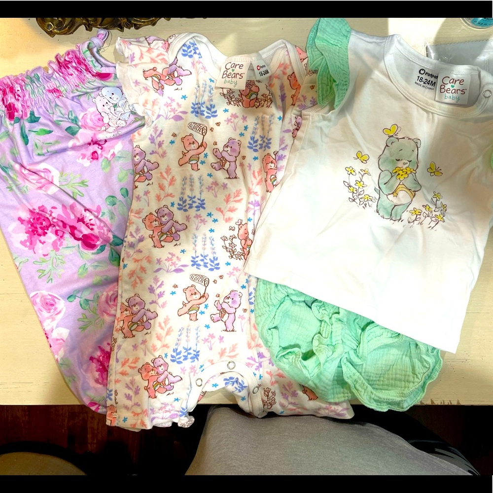 Baby 3 Pack Care Bears Bundle 2 rompers & tee with matching bloomers
